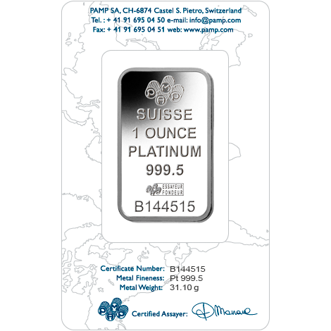 1 Troy Ounce Platinum PAMP Suisse Minted Bar